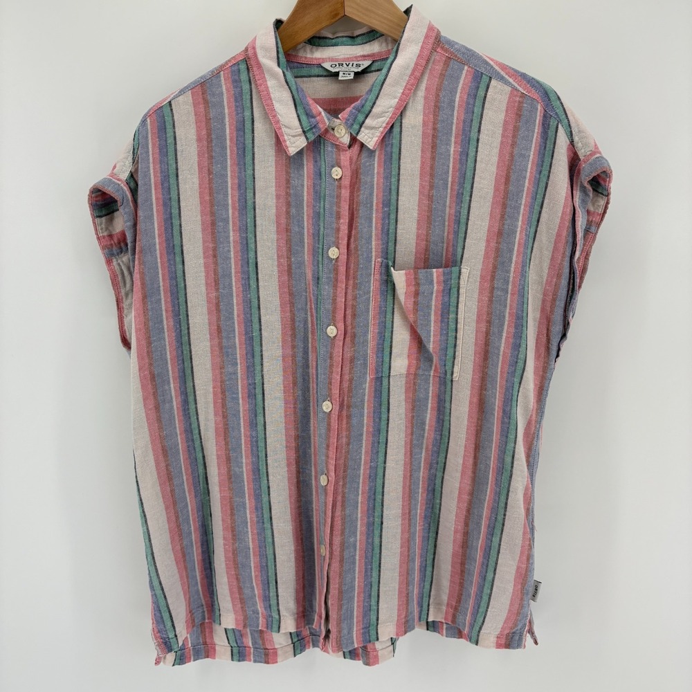 Womens Orvis Linen Blend Stripe Shirt Coastal Resort Vacation Button Up Medium